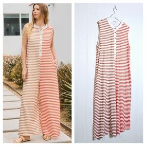Romper Jumpsuit Womens Boutique Wide Leg Relaxed Fit Stripe Buttoned Pockets